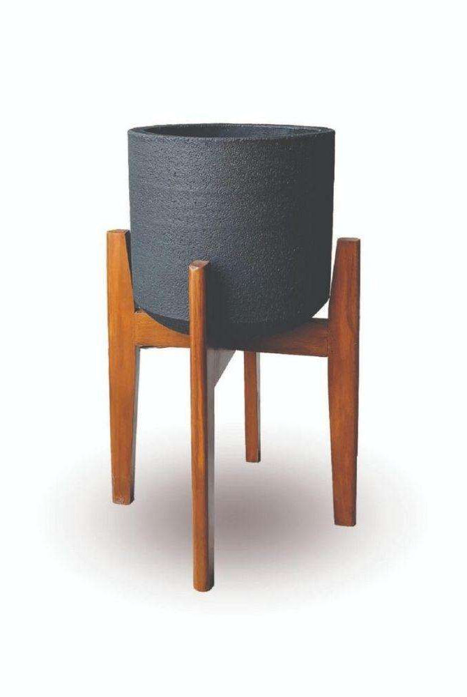 NERI BLACK MID- CENTURY CEMENT PLANTER WITH WOODEN STAND Cement Planter ArtiPlanto