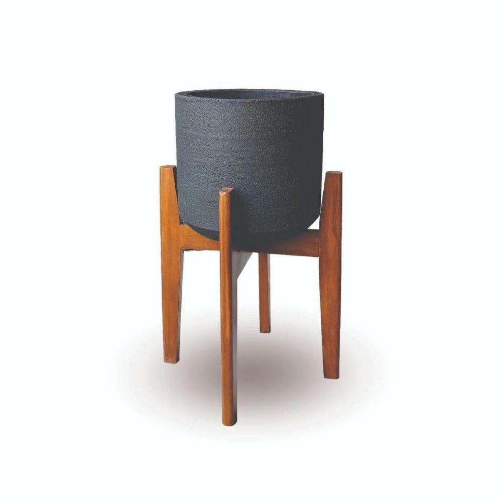 NERI BLACK MID- CENTURY CEMENT PLANTER WITH WOODEN STAND Cement Planter ArtiPlanto