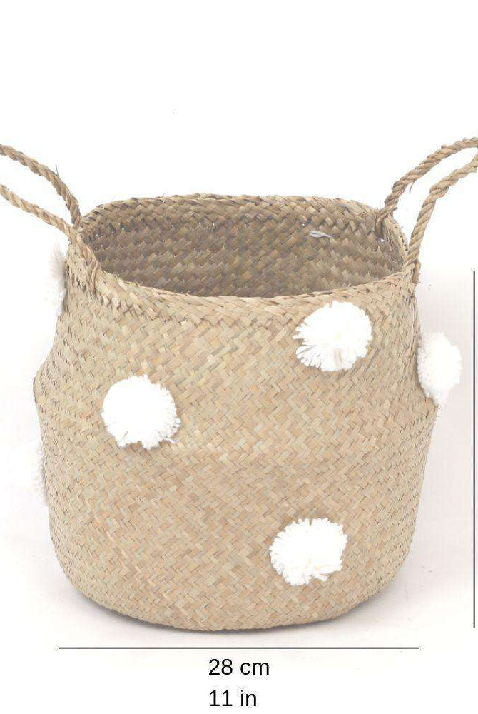 BOMBA - Seagrass Basket With White Pompoms ArtiPlanto