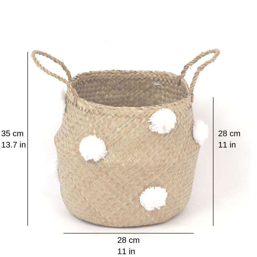 BOMBA - Seagrass Basket With White Pompoms ArtiPlanto