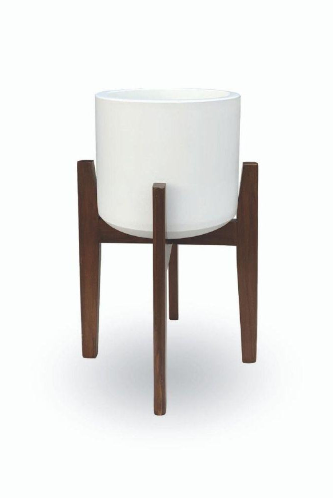 BONI WHITE MID - CENTURY CEMENT PLANTER WITH WOODEN STAND ArtiPlanto