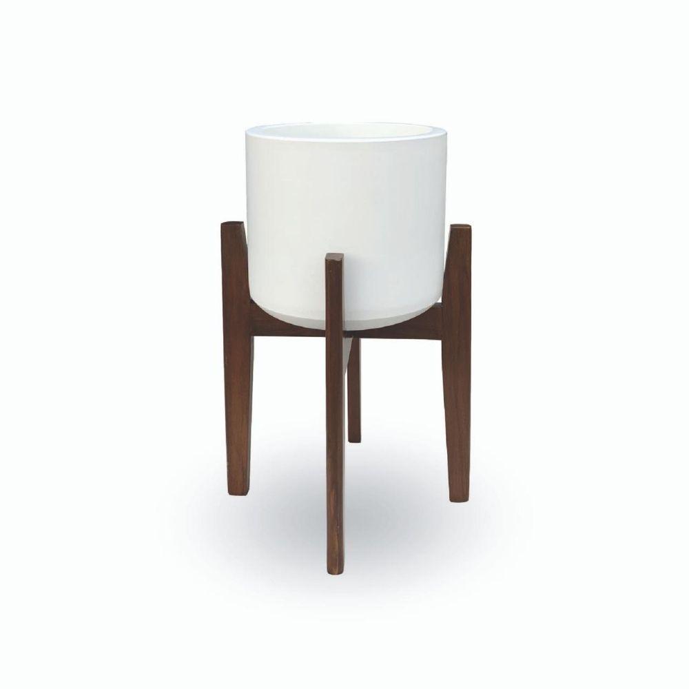 BONI WHITE MID - CENTURY CEMENT PLANTER WITH WOODEN STAND ArtiPlanto