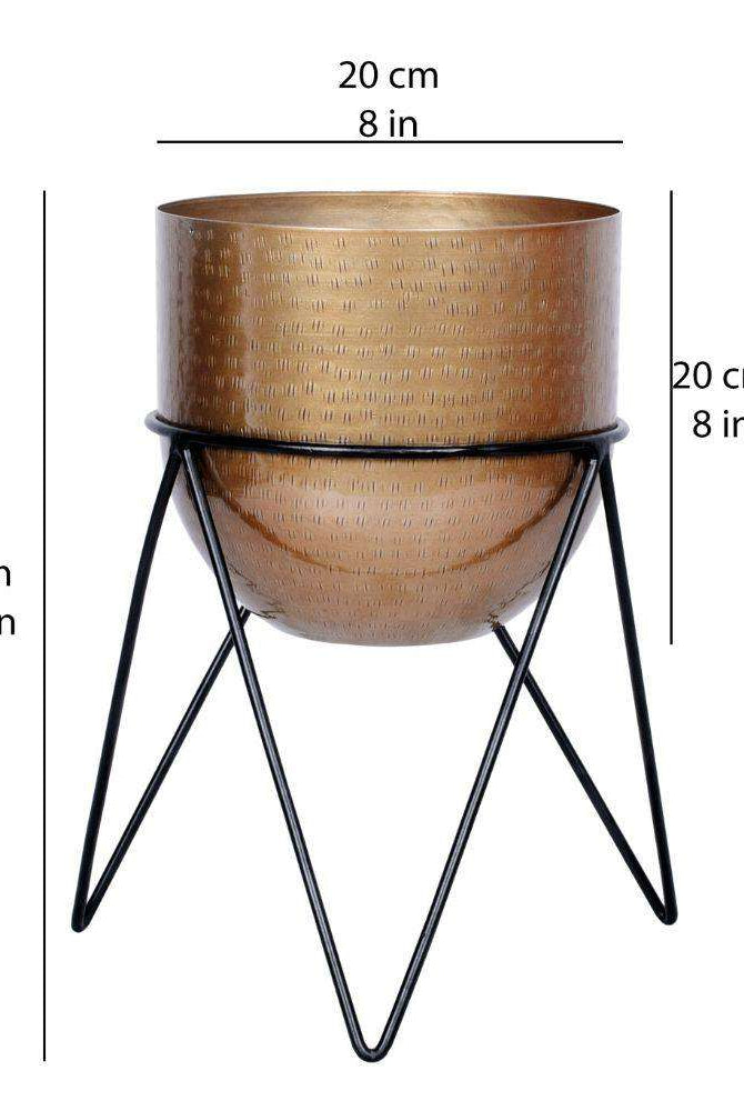 Teresa - Brass Mid-Century Planter With Black Metal Stand ArtiPlanto