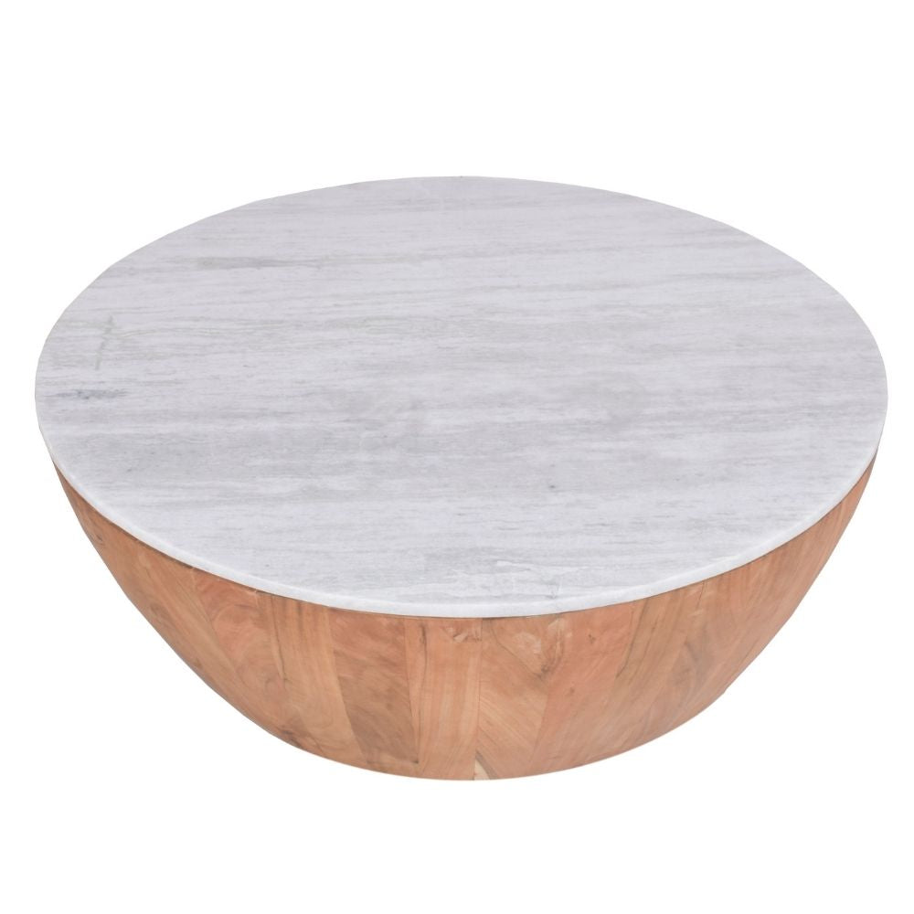 Cecile Mango Wood Drum Coffee Table With Marble Top