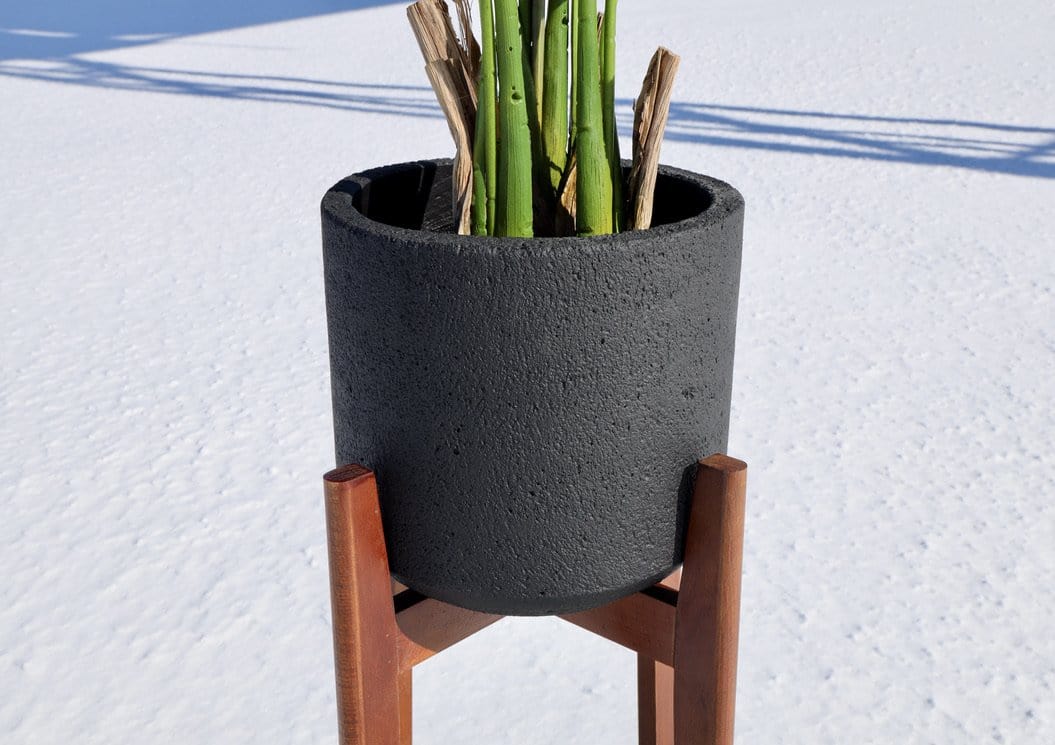 Neri Black Mid- Century Cement Planter With Wooden Stand