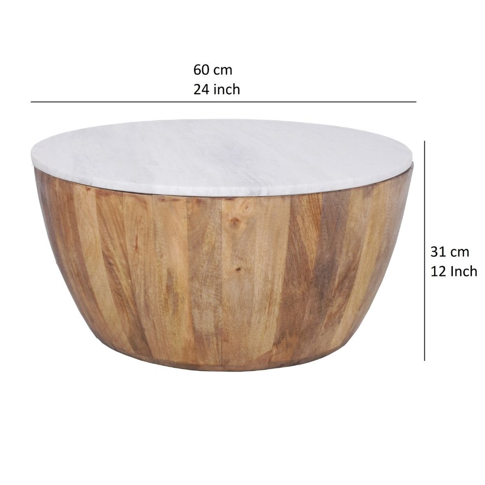 Cecile Mango Wood Drum Coffee Table With Marble Top