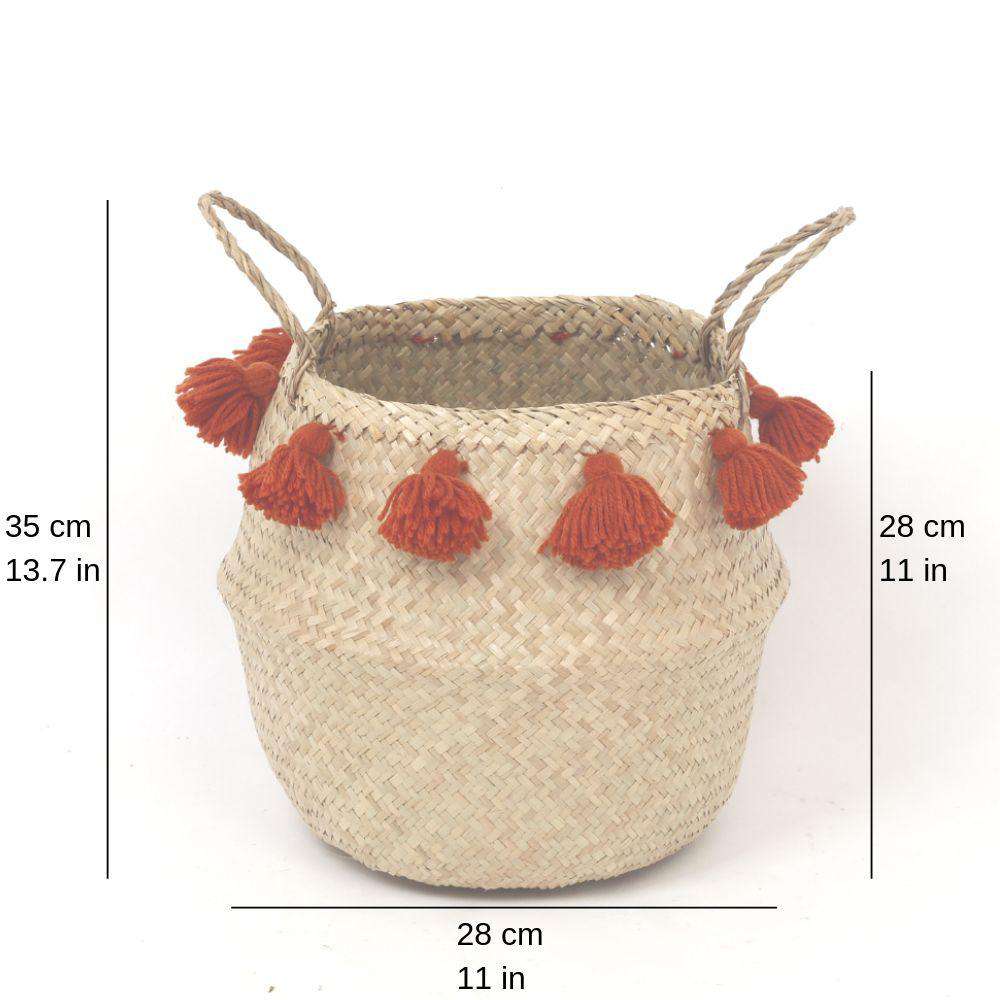 PORTA - Seagrass Basket With Orange Pompoms ArtiPlanto