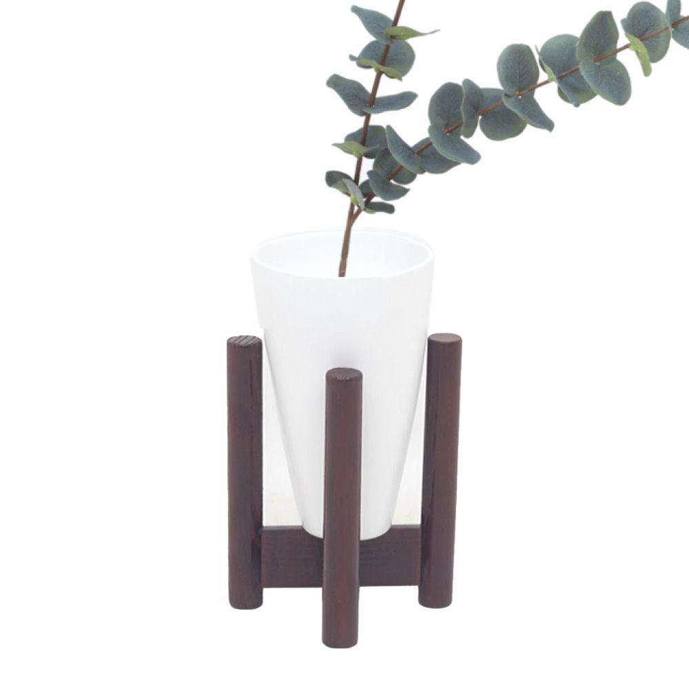 VASE - White Bamboo Mid-Century Tabletop Planter On Wood Stand ArtiPlanto