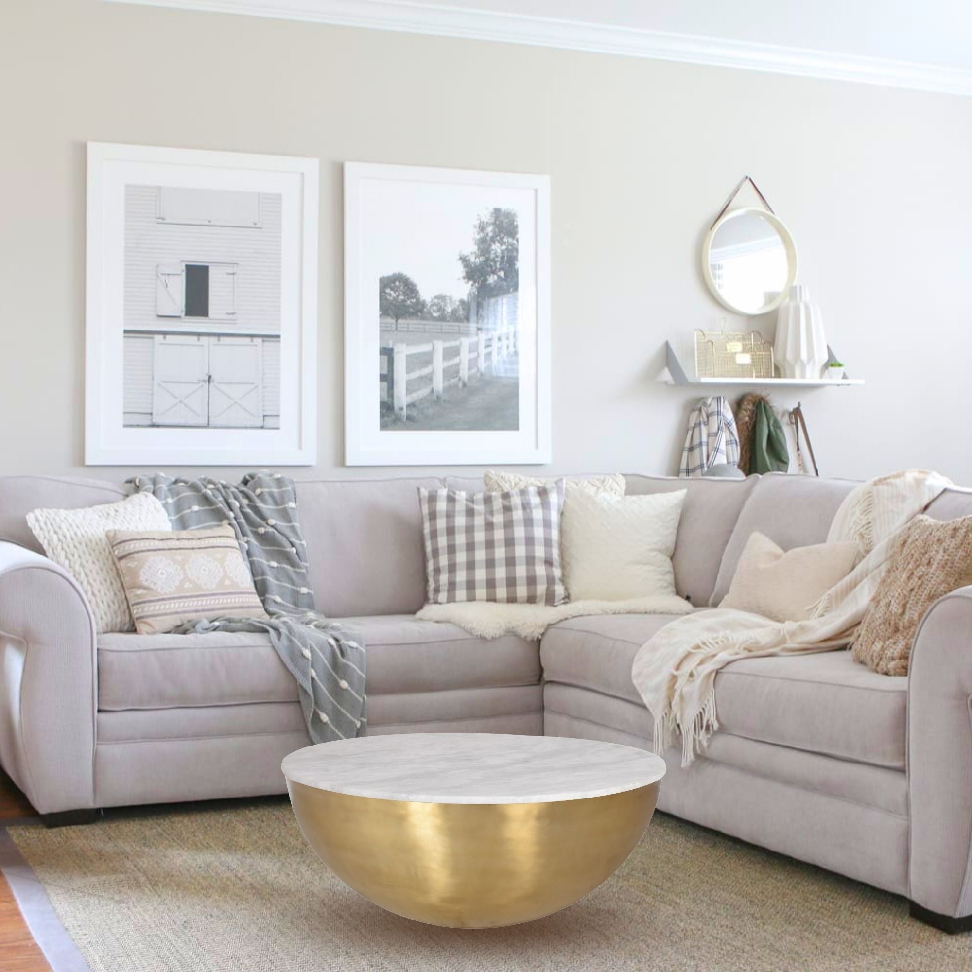 Lia Brass Drum Coffee Table With Marble Top